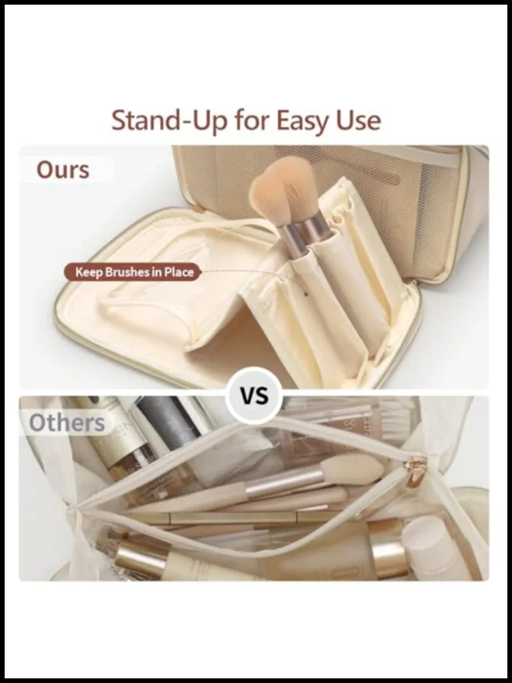 PU Leather Travel Makeup Bag with Dividers & Brush Holder, XL